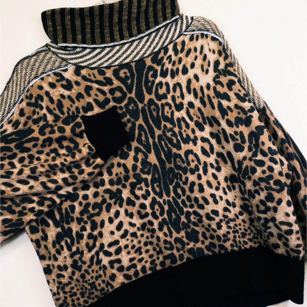 Gimmicks Sweater Womens L Brown Leopard Print Mixed Media Boho Indie Mob Wife - Picture 9 of 16